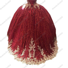 Load image into Gallery viewer, Vestido De 15 Ball Gown Burgundy Glitter Sequin Tulle 2022 Quinceanera Prom Dresses Gold Lace Embroidery Corset Crystal Charro