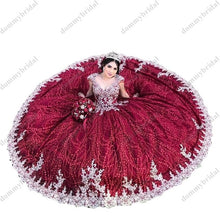 Load image into Gallery viewer, Vestido De 15 Ball Gown Burgundy Glitter Sequin Tulle 2022 Quinceanera Prom Dresses Gold Lace Embroidery Corset Crystal Charro