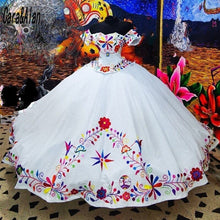 Load image into Gallery viewer, Cara&Alan Mexican Girls Quinceanera Dresses Embroidery Charro Vestido De 15 Años 2021 Off the Shoulder Sweet 16 Prom Gowns