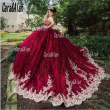 Load image into Gallery viewer, Charro Vestido De15 Años Burgundy Quinceanera Dresses Lace Applique Sequin Mexican Sweet 16 Birthday Prom Gowns Backless