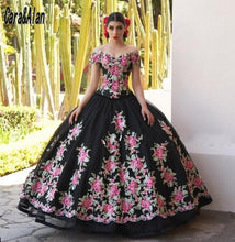 Load image into Gallery viewer, Charro Black Sweet 16 Embroidery Quinceanera Dresses Off the Shoulder vestido de 15 anos Ball Gown Prom Dress
