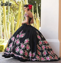 Load image into Gallery viewer, Charro Black Sweet 16 Embroidery Quinceanera Dresses Off the Shoulder vestido de 15 anos Ball Gown Prom Dress