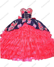 Load image into Gallery viewer, Fashion Black Velvet Red Organza Ball Gown Sweetheart Quinceanera Dresses Puffy Charro Ruffled 3D Floral Flower 2022 Big Bows XV