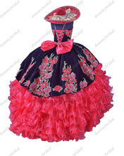 Load image into Gallery viewer, Fashion Black Velvet Red Organza Ball Gown Sweetheart Quinceanera Dresses Puffy Charro Ruffled 3D Floral Flower 2022 Big Bows XV