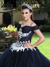 Load image into Gallery viewer, Black Quinceanera Dresses With White Applique Applique Beaded Lace Charro Vestidos De 15 Años Off The Shoulder Sweet 16 Gowns