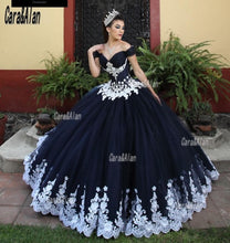 Load image into Gallery viewer, Black Quinceanera Dresses With White Applique Applique Beaded Lace Charro Vestidos De 15 Años Off The Shoulder Sweet 16 Gowns