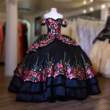 Load image into Gallery viewer, 2021 Vintage Black Mexican Quinceanera Dresses Sweet 16 Dress Charro Flower Embroidered Satin Off The Shoulder Party Gowns