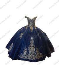 Load image into Gallery viewer, 2022 Stunning Gold Embroidery Ball Gown Navy Blue Boho Cold Shoulder Quinceaenera Dresses for 15 Years Charro with Sleeve Corset