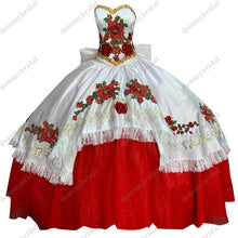 Load image into Gallery viewer, 2022 Modest Red and White Ball Gown Mexican Charro Quinceanera Dresses Gold Embroidery Big Bows Floral Flowers Lace XV Cheap