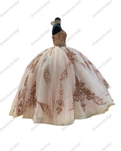 Load image into Gallery viewer, Luxurious Rose Gold Sequined Lace Embroidered Blush 2022 Quinceanera Prom Cocktail Dress Formal Charro Vestido De 15 Anos XV