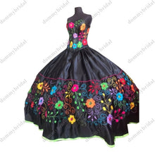 Load image into Gallery viewer, Sexy Black Colorful Flowers Embroidered Sweetheart 2022 Satin Quinceanera Dresses Cheap Mexicano Charro Corset XV Sweet 15 Anos