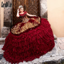 Load image into Gallery viewer, Luxury Lace Burgundy Quinceanera Dresses Embroidery Velvet Charro Vestidos De 15 Años Court Train Sweet 16 Beaded Prom Gowns