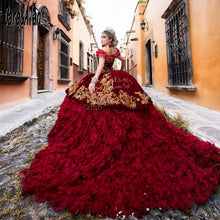 Load image into Gallery viewer, Luxury Lace Burgundy Quinceanera Dresses Embroidery Velvet Charro Vestidos De 15 Años Court Train Sweet 16 Beaded Prom Gowns