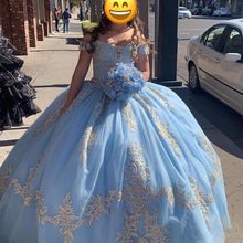 Load image into Gallery viewer, Baby Blue Ball Gown Quinceanera Prom Dresses Off the Shoulder with Sleeves Sweet 15 16 Mexican Charro Ve Birthday Party Gowns