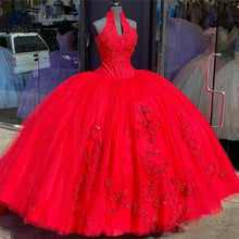 Load image into Gallery viewer, Charming Vestidos De 15 Años Red Embroidery Quinceanera Dresses Backless Tulle Halter Applique Charro Mexican Sweet 16 Gowns