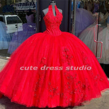 Load image into Gallery viewer, Charming Vestidos De 15 Años Red Embroidery Quinceanera Dresses Backless Tulle Halter Applique Charro Mexican Sweet 16 Gowns