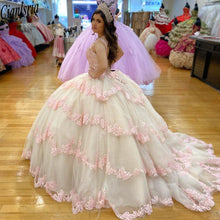 Load image into Gallery viewer, 2022 Modest Pink Lace Champagne Tulle Ball gown Quinceanera Dresses V neck Sheer Straps Corset Mexican Charro Vestido de Swee