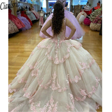 Load image into Gallery viewer, 2022 Modest Pink Lace Champagne Tulle Ball gown Quinceanera Dresses V neck Sheer Straps Corset Mexican Charro Vestido de Swee