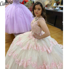 Load image into Gallery viewer, 2022 Modest Pink Lace Champagne Tulle Ball gown Quinceanera Dresses V neck Sheer Straps Corset Mexican Charro Vestido de Swee