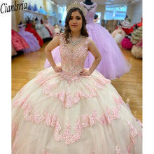 Load image into Gallery viewer, 2022 Modest Pink Lace Champagne Tulle Ball gown Quinceanera Dresses V neck Sheer Straps Corset Mexican Charro Vestido de Swee