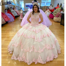 Load image into Gallery viewer, 2022 Modest Pink Lace Champagne Tulle Ball gown Quinceanera Dresses V neck Sheer Straps Corset Mexican Charro Vestido de Swee