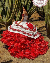 Load image into Gallery viewer, Red Floral Charro Quinceanera Dresses Off Shoulder Puffy Skirt Lace Embroidery Princess Sweet 16 Girls Masquerade Prom Dress