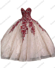 Load image into Gallery viewer, Glamourous Red Lace Flowers Rose Gold Sequined Ball Gown XV Quinceanera Dresses Mexicano Charro Corset Prom Formal Evening Dress