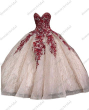 Load image into Gallery viewer, Glamourous Red Lace Flowers Rose Gold Sequined Ball Gown XV Quinceanera Dresses Mexicano Charro Corset Prom Formal Evening Dress
