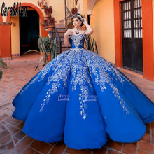 Load image into Gallery viewer, Blue Quinceanera Dresses with Cloak Embroidery Sweetheart Charro Vestido De 15 Años Beading Crystal Sweet 16 Prom Gowns