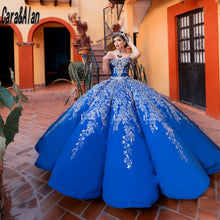 Load image into Gallery viewer, Blue Quinceanera Dresses with Cloak Embroidery Sweetheart Charro Vestido De 15 Años Beading Crystal Sweet 16 Prom Gowns