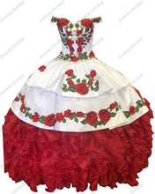 Load image into Gallery viewer, 2021Fairy Red and White Ball Gown Off the Shoulder Cheap Quinceanera Prom Dress Floral Flowers Charro Mexican Ruffles Satin XV