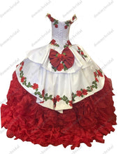 Load image into Gallery viewer, 2021Fairy Red and White Ball Gown Off the Shoulder Cheap Quinceanera Prom Dress Floral Flowers Charro Mexican Ruffles Satin XV