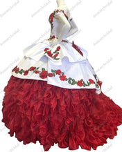Load image into Gallery viewer, 2021Fairy Red and White Ball Gown Off the Shoulder Cheap Quinceanera Prom Dress Floral Flowers Charro Mexican Ruffles Satin XV
