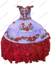 Load image into Gallery viewer, 2021Fairy Red and White Ball Gown Off the Shoulder Cheap Quinceanera Prom Dress Floral Flowers Charro Mexican Ruffles Satin XV