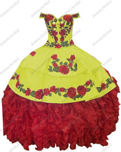 Load image into Gallery viewer, 2021Fairy Red and White Ball Gown Off the Shoulder Cheap Quinceanera Prom Dress Floral Flowers Charro Mexican Ruffles Satin XV
