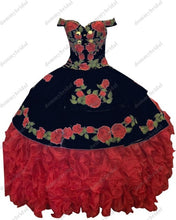 Load image into Gallery viewer, 2021Fairy Red and White Ball Gown Off the Shoulder Cheap Quinceanera Prom Dress Floral Flowers Charro Mexican Ruffles Satin XV