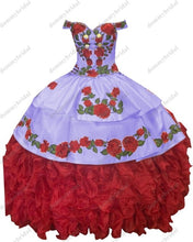 Load image into Gallery viewer, 2021Fairy Red and White Ball Gown Off the Shoulder Cheap Quinceanera Prom Dress Floral Flowers Charro Mexican Ruffles Satin XV