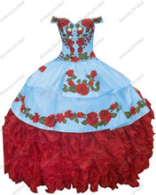 Load image into Gallery viewer, 2021Fairy Red and White Ball Gown Off the Shoulder Cheap Quinceanera Prom Dress Floral Flowers Charro Mexican Ruffles Satin XV