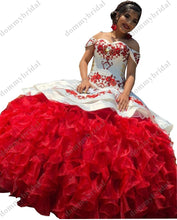 Load image into Gallery viewer, Fashion Red Flower Embroidery White Ball Gown Off Shoulder Cheap Quinceanera Dresses Charro XV Sweet 15 16 Formal Evening Dress