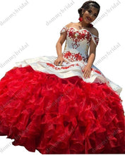 Load image into Gallery viewer, Fashion Red Flower Embroidery White Ball Gown Off Shoulder Cheap Quinceanera Dresses Charro XV Sweet 15 16 Formal Evening Dress