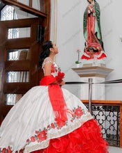 Load image into Gallery viewer, Beautiful Red and White Vestido De 15 Anos Mexican 2022 Cheap Quinceanera Sweet 15 Dresses Crystal Charro Flowers Embroidered