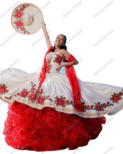 Load image into Gallery viewer, Beautiful Red and White Vestido De 15 Anos Mexican 2022 Cheap Quinceanera Sweet 15 Dresses Crystal Charro Flowers Embroidered
