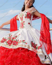 Load image into Gallery viewer, Beautiful Red and White Vestido De 15 Anos Mexican 2022 Cheap Quinceanera Sweet 15 Dresses Crystal Charro Flowers Embroidered