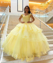 Load image into Gallery viewer, 2021 Bright Yellow Off Shoulder Quinceanera Dresses with Short Sleeves Ruffles Charro Mexican Ball Gown Lace Sweet 16 Dress