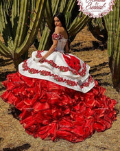Load image into Gallery viewer, Ruffled Floral Charro Quinceanera Dresses Off Shoulder Puffy Skirt Lace Embroidery Princess Sweet 16 Girls Masquerade Prom Gowns