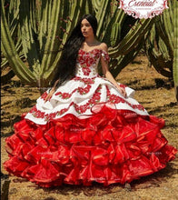 Load image into Gallery viewer, Ruffled Floral Charro Quinceanera Dresses Off Shoulder Puffy Skirt Lace Embroidery Princess Sweet 16 Girls Masquerade Prom Gowns