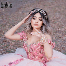 Load image into Gallery viewer, Elegant Floral Quinceanera Dresses Crystal Beading Charro Pink Vestido De 15 Años Off the Shoulder Sweet 16 Prom Gowns