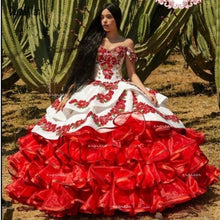 Load image into Gallery viewer, Ruffled Floral Charro Quinceanera Dresses Off Shoulder Puffy Skirt Lace Embroidery Princess Sweet 16 Girls Masquerade Prom Gowns