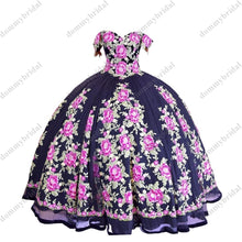 Load image into Gallery viewer, 2022 Dramatic African Floral Printed Flowers Off the Shoulder Black Quinceanera Prom Formal Dress Mexican Charro XV Vestiod De