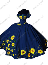 Load image into Gallery viewer, 2022 Dark Blue Sunflower Embroidery Ball Gown Cheap Quinceanera Dress Charro Mexican Satin Off Shoulder with Sleeves Formal Prom